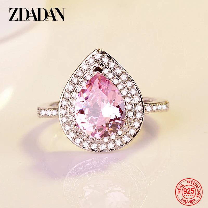 ZDADAN 925 Sterling Silver Water Drop Zircon Ring For Women Fashion Jewelry Gift