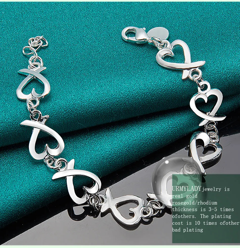 URMYLADY 925 Sterling Silver Love Heart Chain Bracelet For Women Wedding Engagement Party Fashion Jewelry