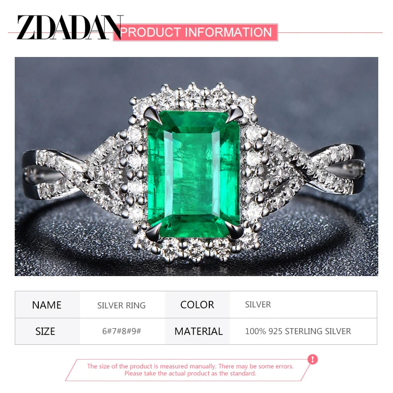 ZDADAN 925 Sterling Silver Charm Emerald Ring For Women Fashion Party Jewelry Engagement Gift
