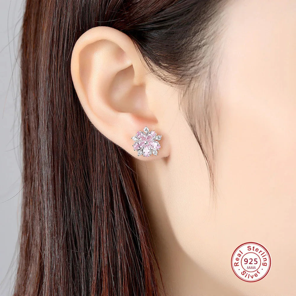 Cute Crystal Female Pink Snowfalke Earrings Fashion plata Wedding Jewelry Boho Small Sakura Flower Stud Earrings For Women
