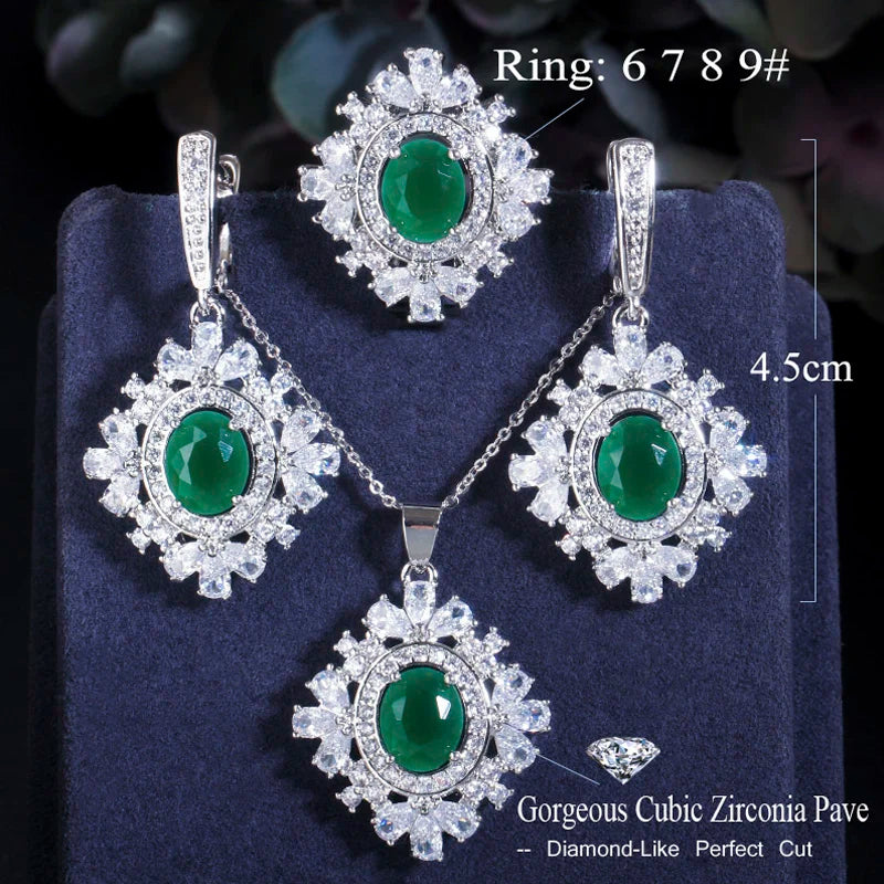 ThreeGraces Elegant Green Cubic Zirconia Geometric Earrings Ring Necklace Daily Party Jewelry Set for Women Accessories JS702