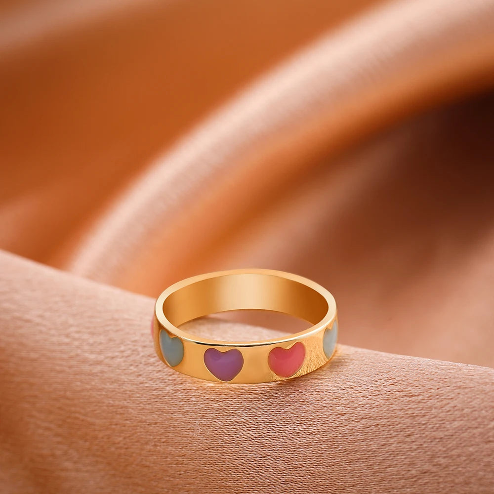 Aesthetic Colorful Enamel Heart Star Flower Shaped Ring Set for Women Cute Fashion Stacking Finger Rings Jewelry Gift