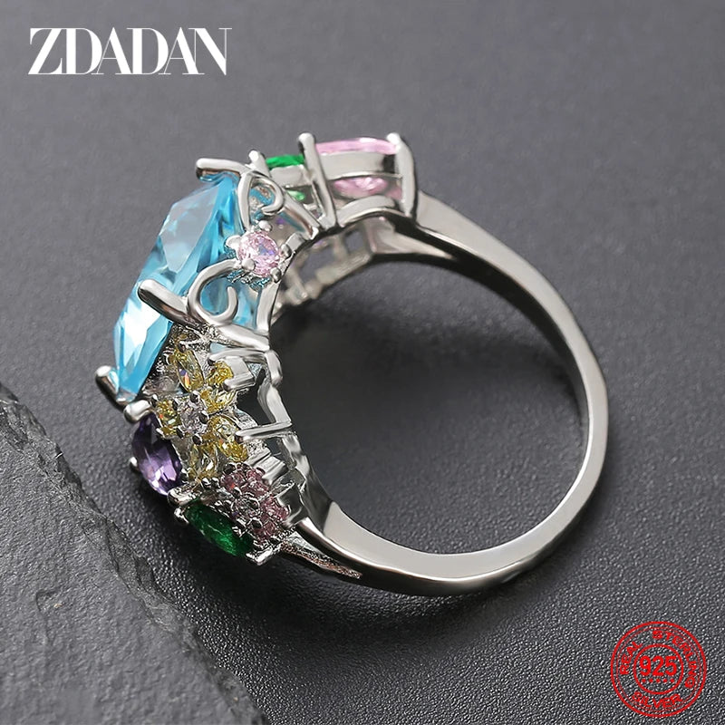 ZDADAN 925 Sterling Silver Square Gemstone Ring For Women Fashion Glamour Gift Wedding Jewelry