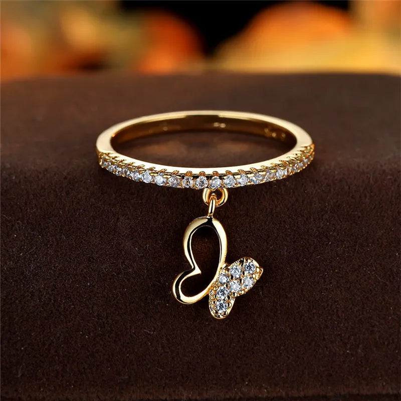 Luxury Female Crystal Butterfly Pendant Rings Gold Silver Color Engagement Ring Charm White Zircon Wedding Jewelry For Women