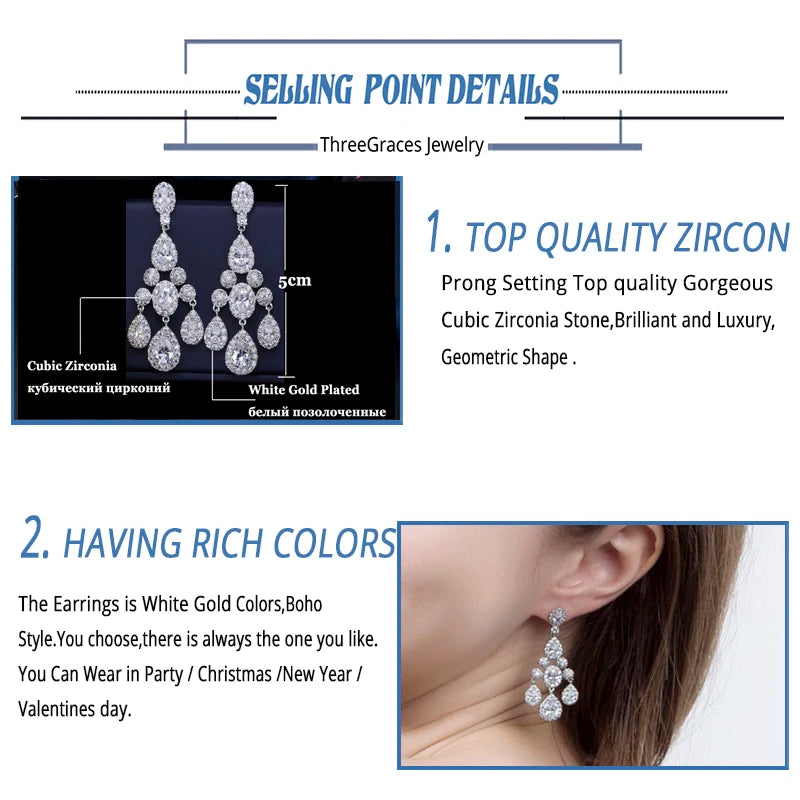 ThreeGraces Luxury Bridal CZ Jewelry Brilliant Cubic Zirconia Crystal Long Dangling Wedding Chandelier Earrings for Brides ER168