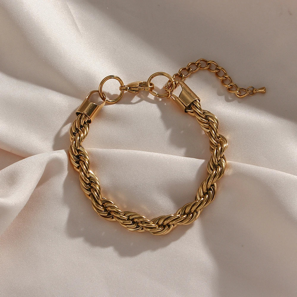E.B.belle Tarnish Free Stainless Steel 18K Gold Plated Women's 8mm Chunky Twisted Rope Chain Necklace Trendy Gold Bracelet