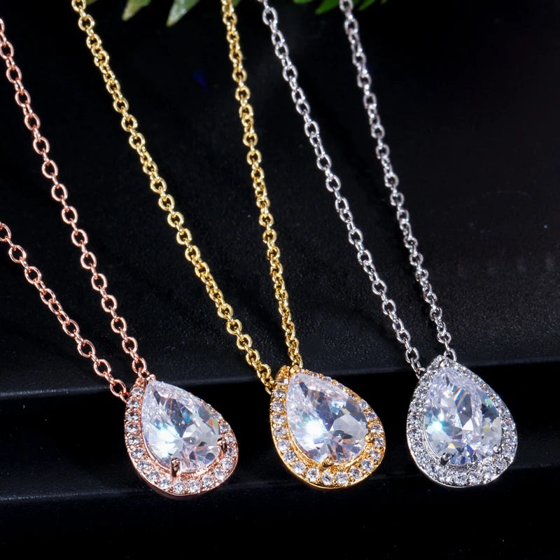 ThreeGraces Sweet Sparkling Water Drop Cubic Zirconia Fashion Necklace and Stud Earrings Party Jewelry Set for Women JS210
