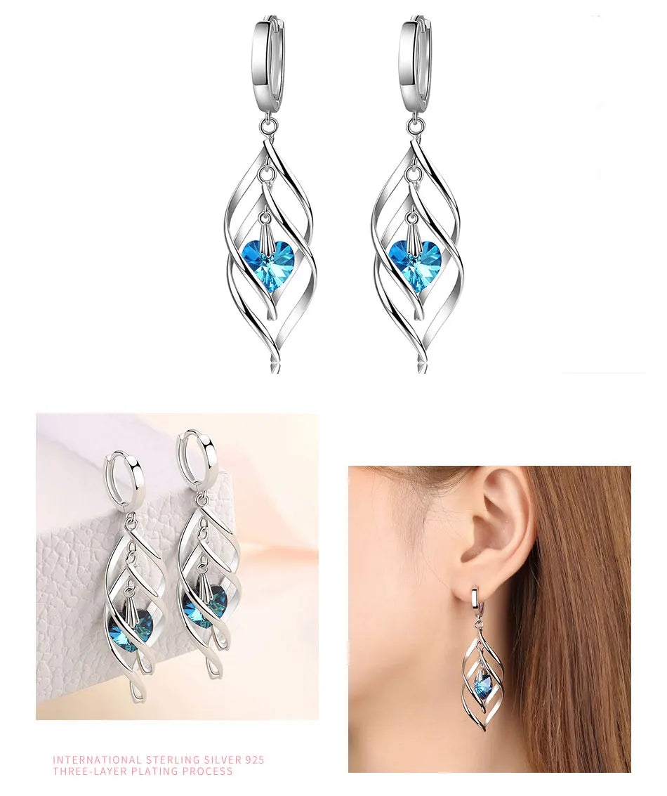 ZDADAN 925 Silver Hollow Blue Crystal Long Drop Earrings For Women Fashion Wedding Jewelry Gift