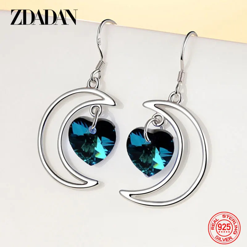 ZDADAN 925 Sterling Silver Moon Heart Blue Crystal Drop Earrings For Women Wedding Jewelry