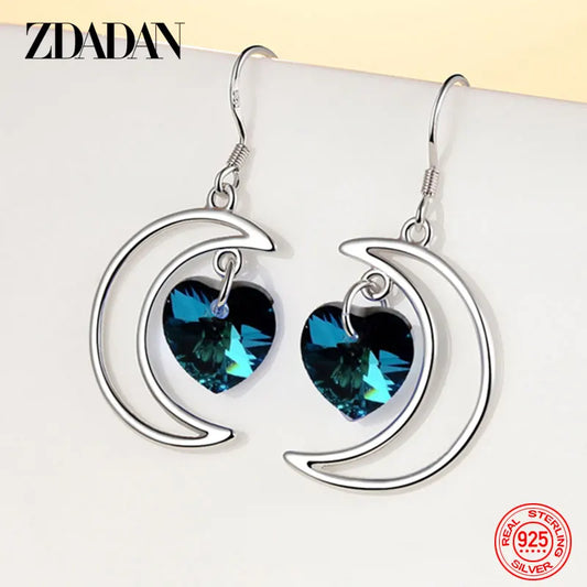 ZDADAN 925 Sterling Silver Moon Heart Blue Crystal Drop Earrings For Women Wedding Jewelry