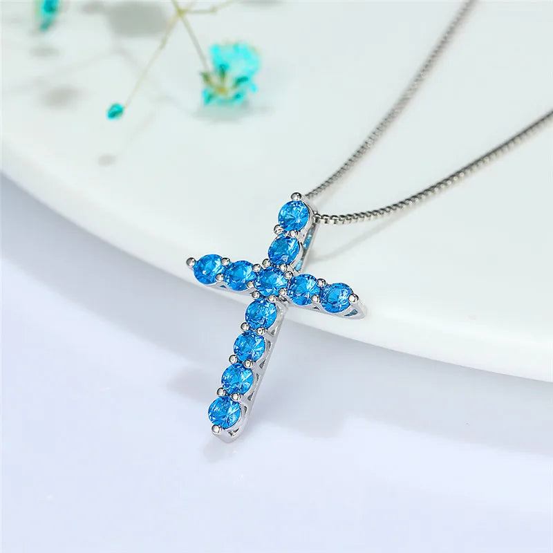 Luxury Female Crystal Blue Purple Pendant Necklace Charm Silver Color Chain Zircon Stone Wedding Jewelry For Women