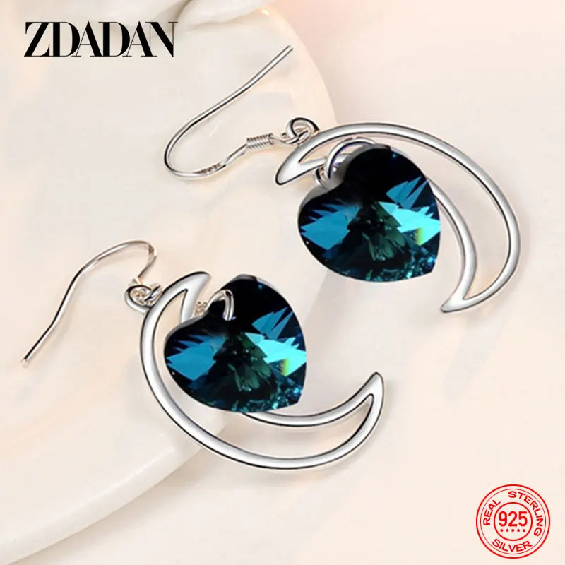 ZDADAN 925 Sterling Silver Moon Heart Blue Crystal Drop Earrings For Women Wedding Jewelry