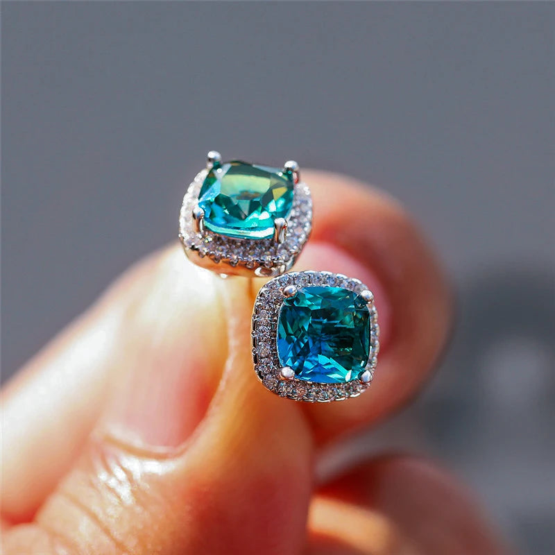 Luxury Female Square Blue Stone Earrings Cute Zircon Double Wedding Jewelry Simple Silver Color Stud Earrings For Women