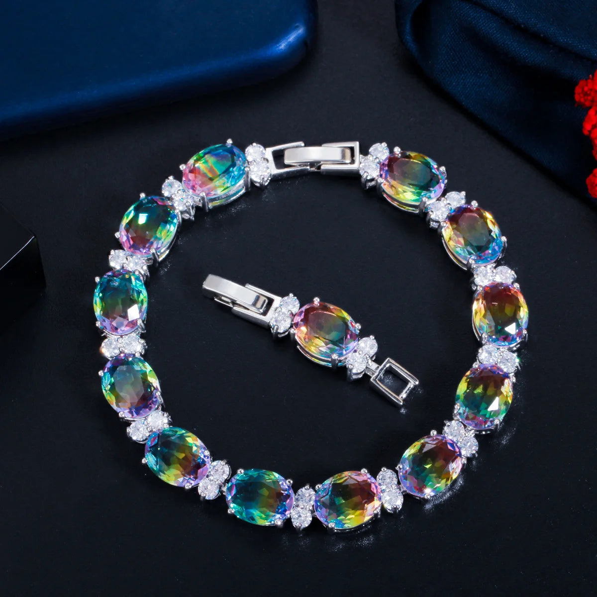 ThreeGraces Mystical Rainbow Cubic Zirconia Stones Silver Color Fashion Bridal Party Link Chain Bracelet for Women Jewelry BR380