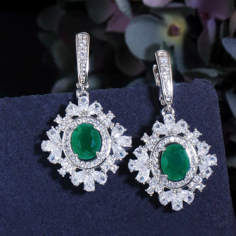 ThreeGraces Elegant Green Cubic Zirconia Geometric Earrings Ring Necklace Daily Party Jewelry Set for Women Accessories JS702