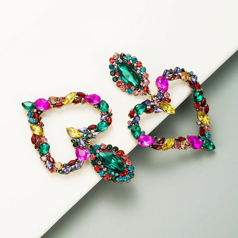 KMVEXO Fashion Boho Colorful Heart Crystal Earrings For Women 2023 New Rhinestone Statement Heart Stars Drop Earrings Bijoux