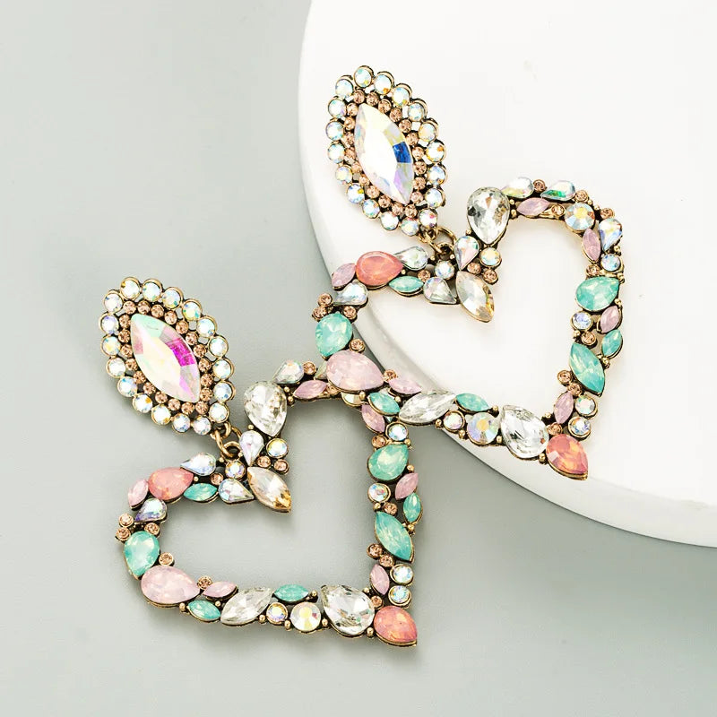 KMVEXO Fashion Boho Colorful Heart Crystal Earrings For Women 2023 New Rhinestone Statement Heart Stars Drop Earrings Bijoux