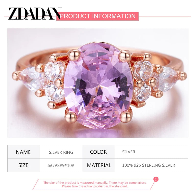 ZDADAN 925 Sterling Silver Pink Crystal Ring For Women Fashion Party Jewelry Wholesale