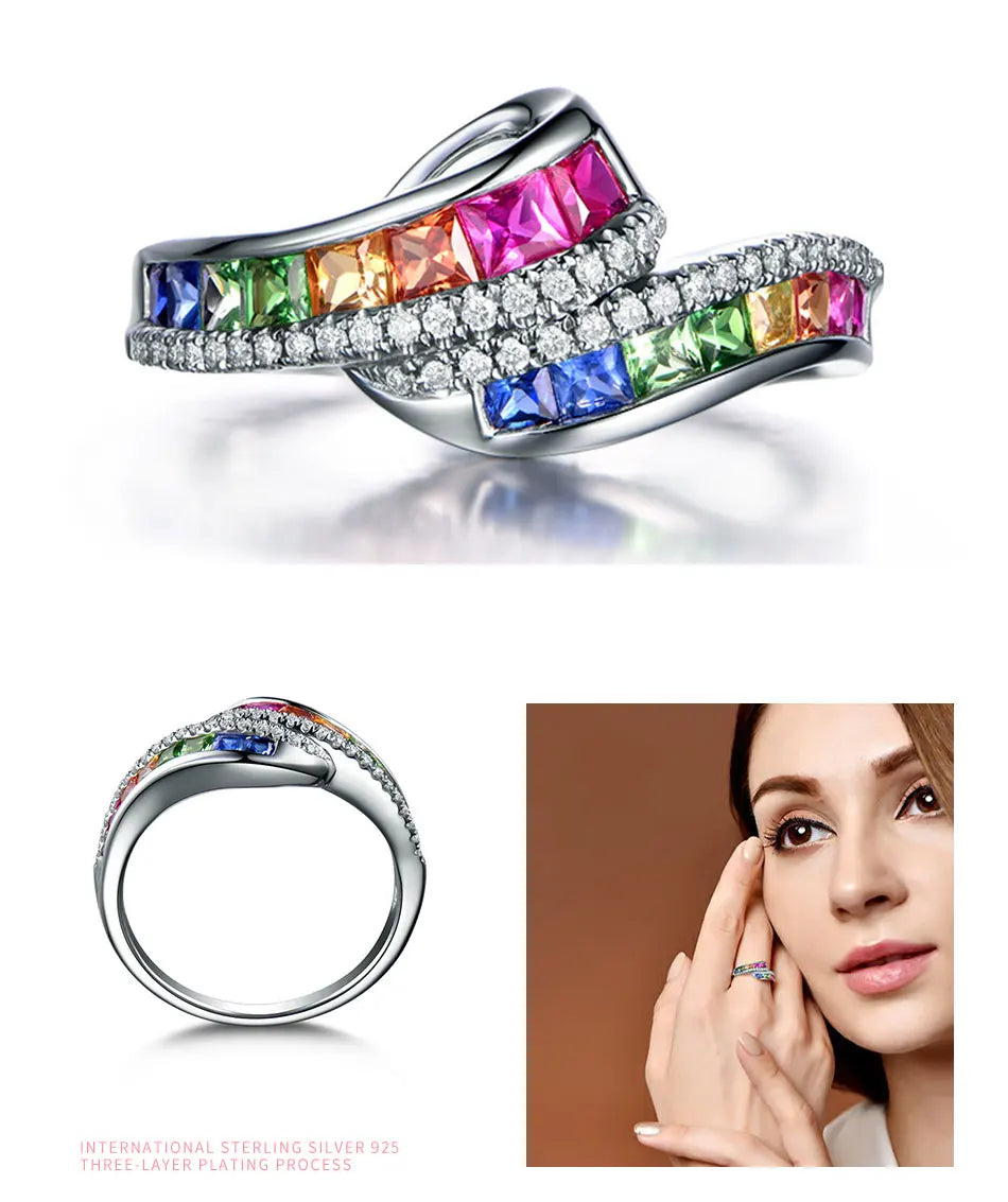 ZDADAN 925 Sterling Silver Charm Crystal Zircon Ring For Women Fashion Wedding Party Jewelry