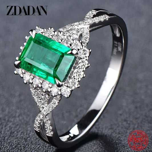 ZDADAN 925 Sterling Silver Charm Emerald Ring For Women Fashion Party Jewelry Engagement Gift