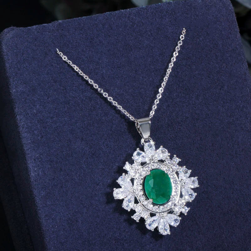 ThreeGraces Elegant Green Cubic Zirconia Geometric Earrings Ring Necklace Daily Party Jewelry Set for Women Accessories JS702