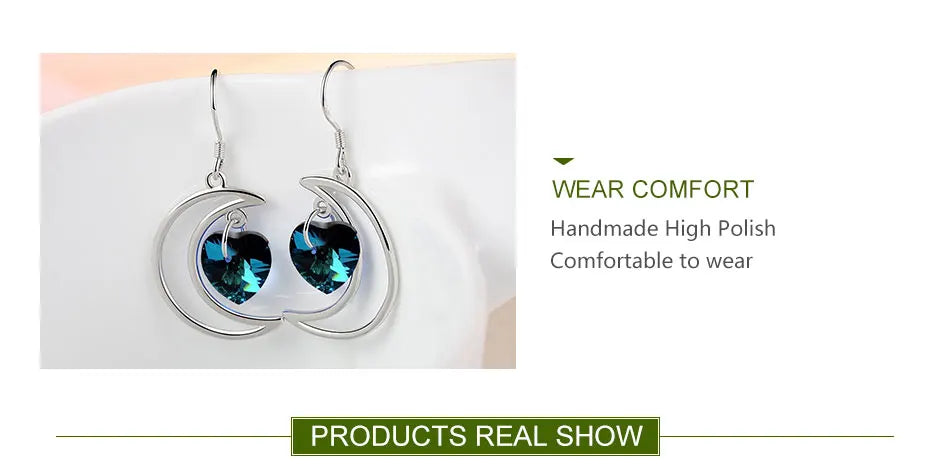 ZDADAN 925 Sterling Silver Moon Heart Blue Crystal Drop Earrings For Women Wedding Jewelry