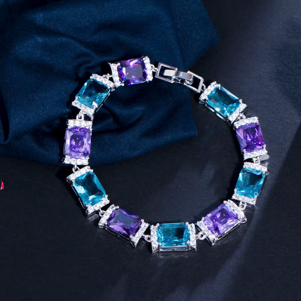 ThreeGraces Elegant Shiny Blue Purple Cubic Zirconia Geometric Rectangle Link Chain Tennis Bracelets for Women Jewelry BR191
