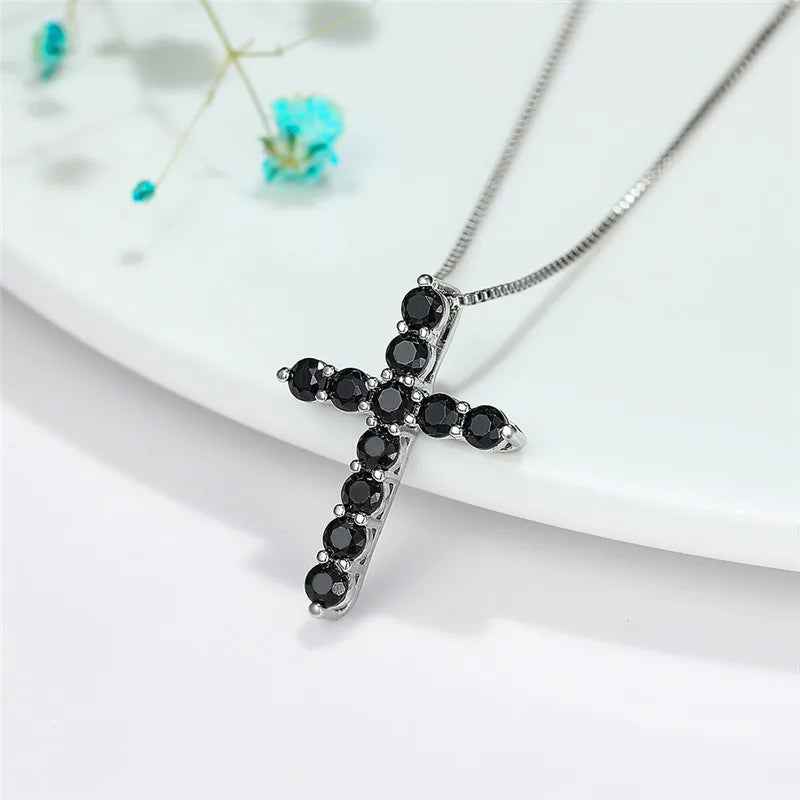 Luxury Female Crystal Blue Purple Pendant Necklace Charm Silver Color Chain Zircon Stone Wedding Jewelry For Women