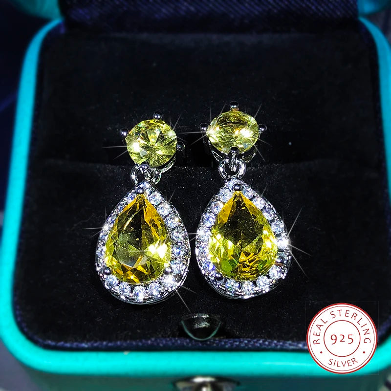 Elegant Temperament Yellow Zircon Drop Earrings 925 Sterling Silver Four-Claw Diamond Earrings Ladies Party Birthday Jewelry
