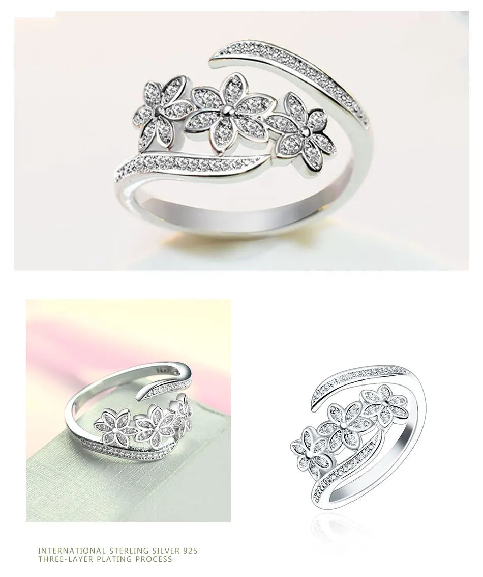 ZDADAN 925 Sterling Silver Fashion Adjustable Open CZ Flowers Ring For Women Temperament Jewelry Accessories Gift