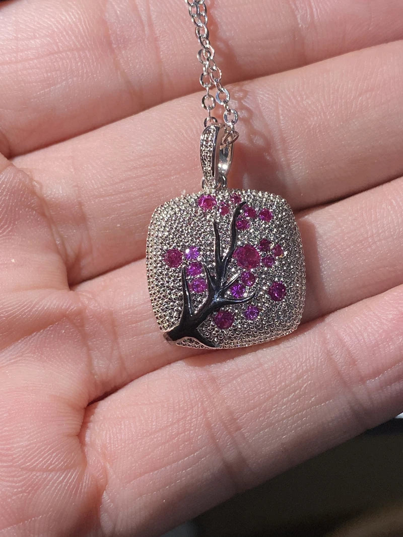 Delicate Jewelry Red/Pink Zircon Leaves Cherry Tree Branch Pendant Necklace For Women 925 Sterling Silver Branch Kolye Collares
