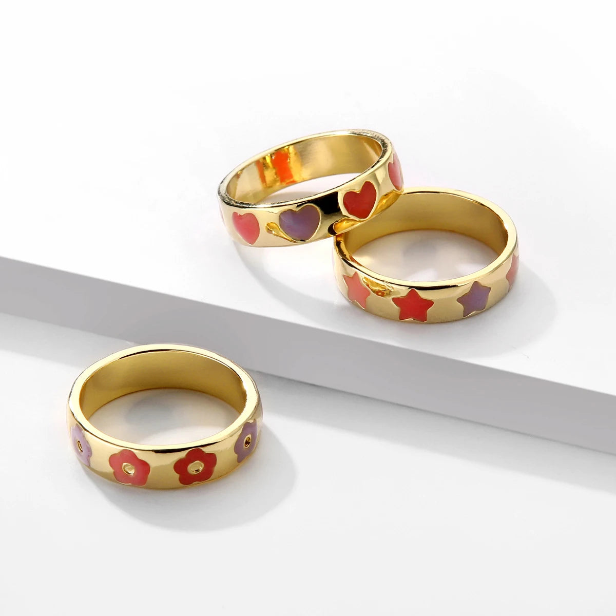 Aesthetic Colorful Enamel Heart Star Flower Shaped Ring Set for Women Cute Fashion Stacking Finger Rings Jewelry Gift