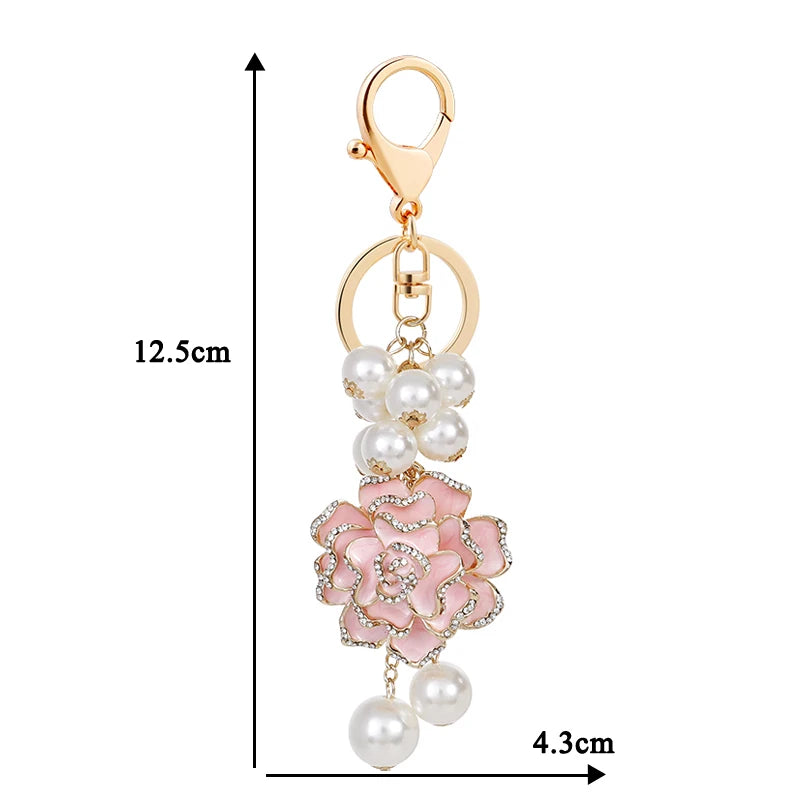 Flower Pearl  Keychain Leather bag pendant key chain Car pendant Flower Rose Gift Souvenirs keychain