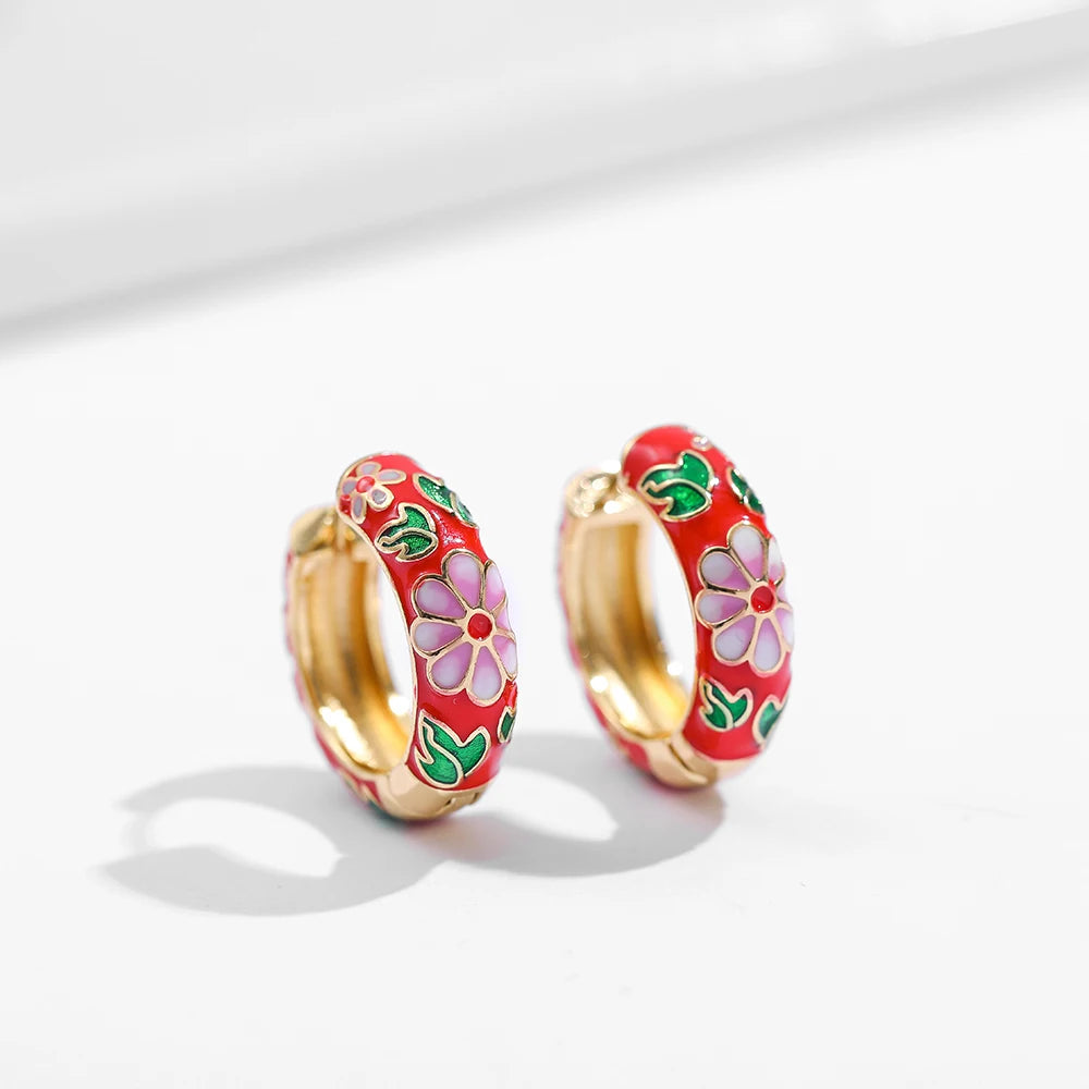 New Trendy Flower Enamel Hoop Earrings for Women Boho Statement Round Circle Huggie Earring Fashion Jewelry 2021 Brincos