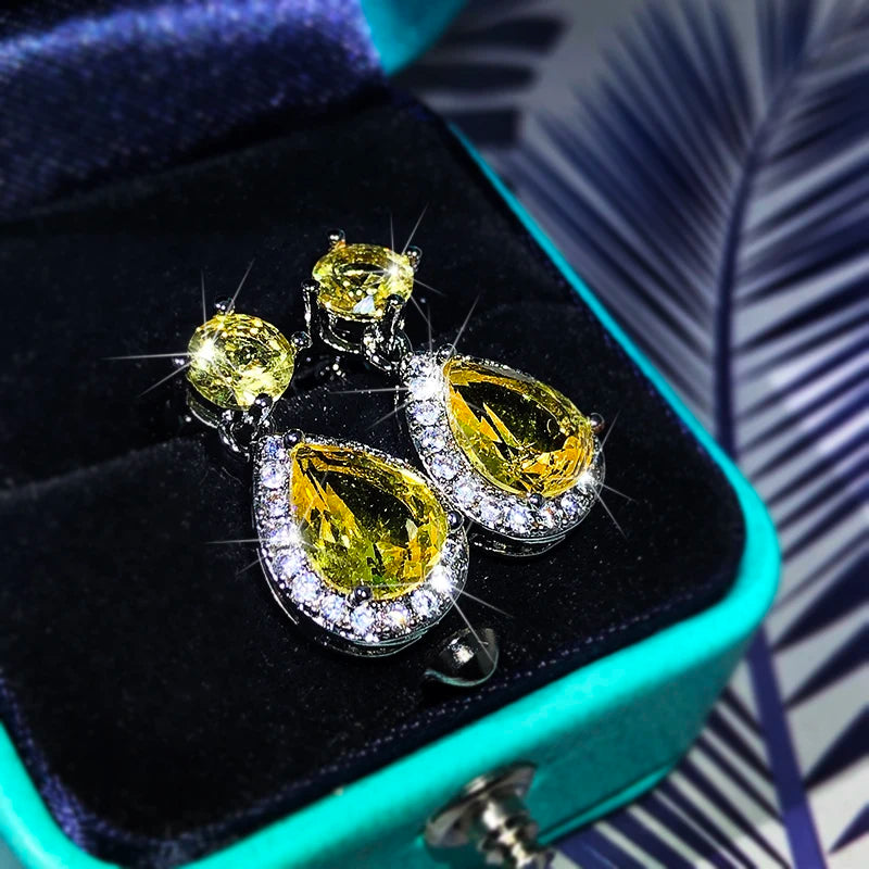 Elegant Temperament Yellow Zircon Drop Earrings 925 Sterling Silver Four-Claw Diamond Earrings Ladies Party Birthday Jewelry