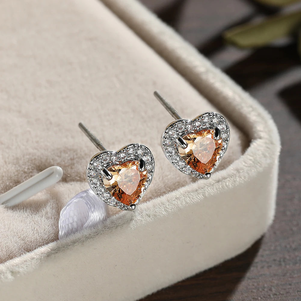 Dainty Female Rainbow Crystal Stone Jewelry Charm Silver Color Small Stud Earring Cute Heart Zircon Wedding Earrings For Women