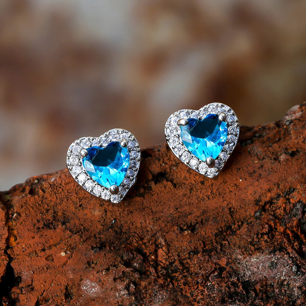 Dainty Female Rainbow Crystal Stone Jewelry Charm Silver Color Small Stud Earring Cute Heart Zircon Wedding Earrings For Women