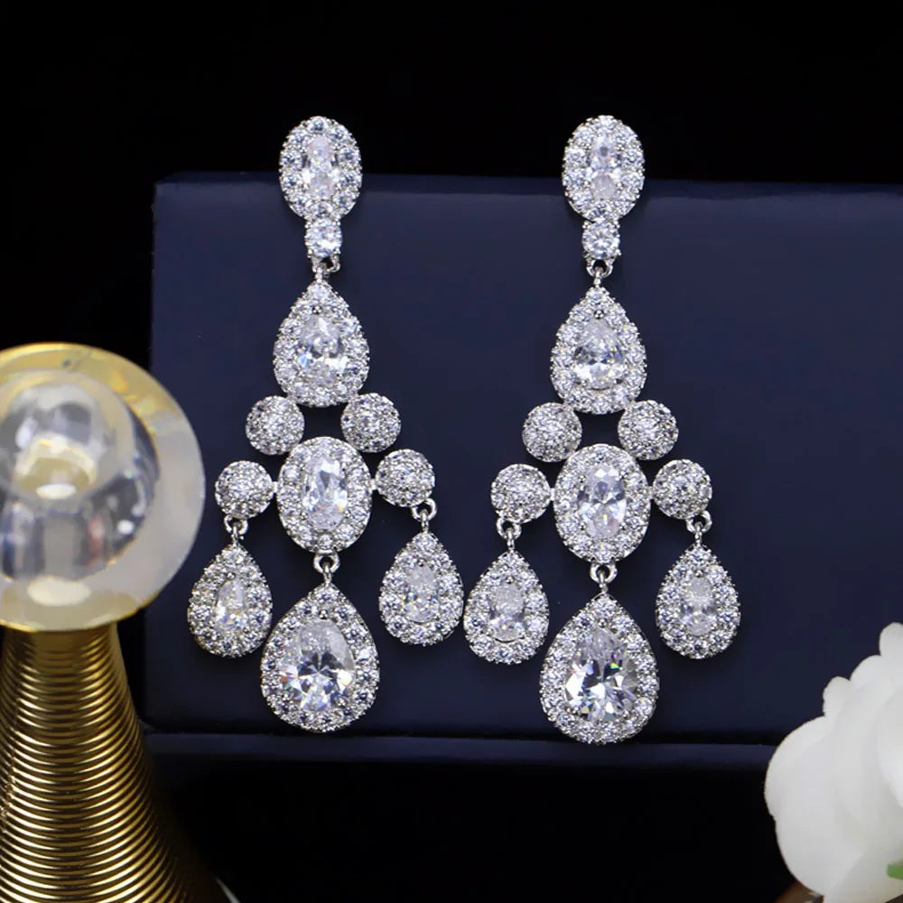 ThreeGraces Luxury Bridal CZ Jewelry Brilliant Cubic Zirconia Crystal Long Dangling Wedding Chandelier Earrings for Brides ER168