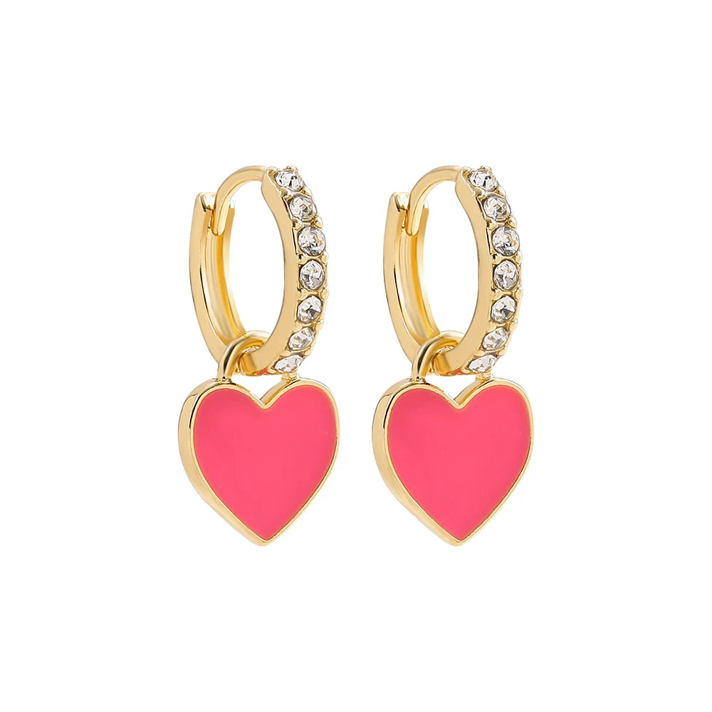 New Trendy Rhinestone Small Circle Hoops with Cute Candy Neon Color Heart Hanging Earrings for Women Gold Plated Huggies Jewelry