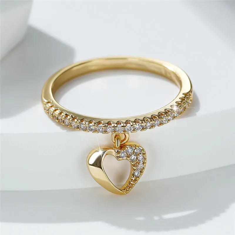 Cute Female Crystal Hollow Heart Pendant Ring Boho Gold Silver Color Engagement Jewelry Zircon Stone Wedding Rings For Women