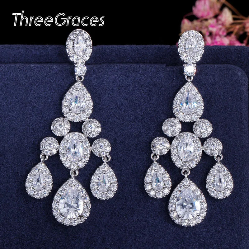 ThreeGraces Luxury Bridal CZ Jewelry Brilliant Cubic Zirconia Crystal Long Dangling Wedding Chandelier Earrings for Brides ER168