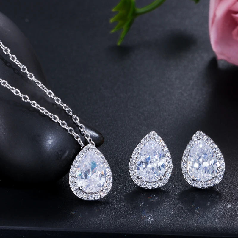 ThreeGraces Sweet Sparkling Water Drop Cubic Zirconia Fashion Necklace and Stud Earrings Party Jewelry Set for Women JS210