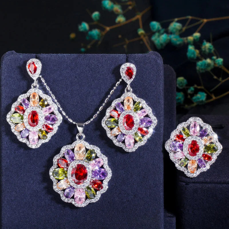 ThreeGraces Romantic Purple Cubic Zirconia Crystal Chic Earrings Pendant Necklace Ring for Women Party Banquet Jewerly JS512