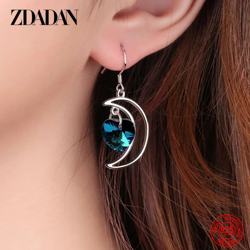 ZDADAN 925 Sterling Silver Moon Heart Blue Crystal Drop Earrings For Women Wedding Jewelry
