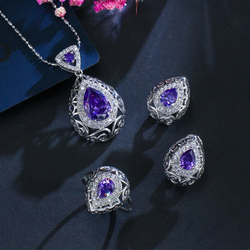ThreeGraces 3pcs Elegant Green Cubic Zirconia Fashion Pendant Necklace  Earrings Ring Jewelry Set for Women Party Wear JS137