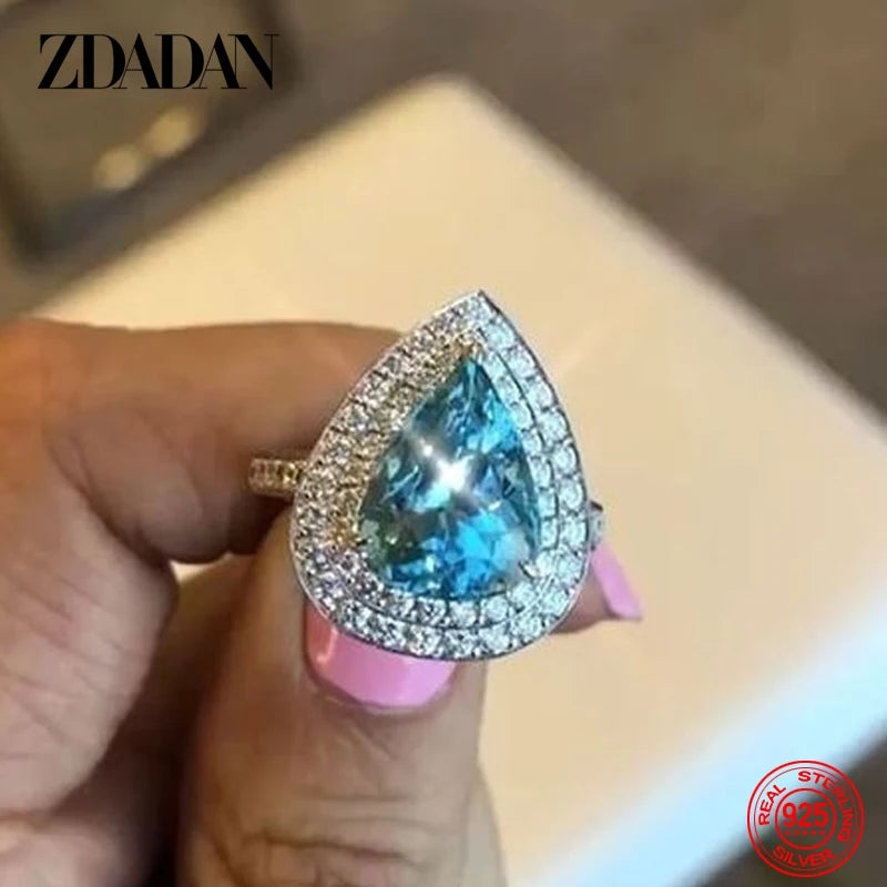 ZDADAN 925 Sterling Silver Water Drop Zircon Ring For Women Fashion Jewelry Gift
