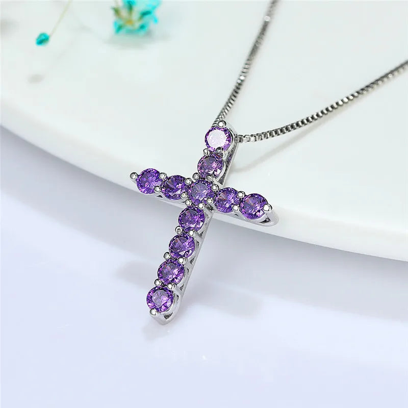 Luxury Female Crystal Blue Purple Pendant Necklace Charm Silver Color Chain Zircon Stone Wedding Jewelry For Women