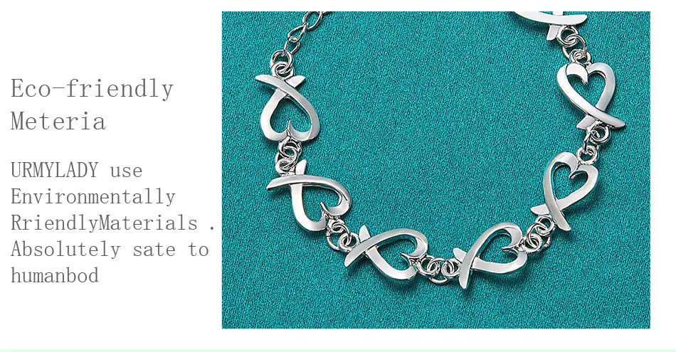URMYLADY 925 Sterling Silver Love Heart Chain Bracelet For Women Wedding Engagement Party Fashion Jewelry