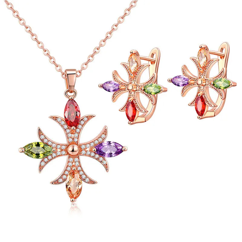 HUAMI Rose Gold Chain Neckalace Cross Stud Earrings Crystal Jewelry for Women Wedding Bling Zircon Collier Femme Gift Party