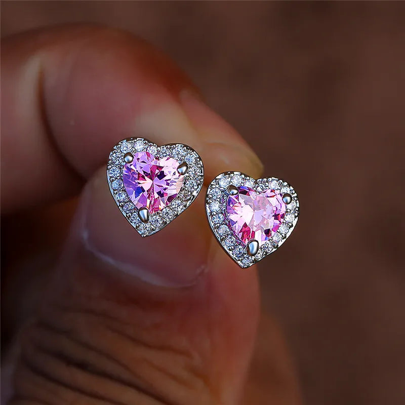 Dainty Female Rainbow Crystal Stone Jewelry Charm Silver Color Small Stud Earring Cute Heart Zircon Wedding Earrings For Women